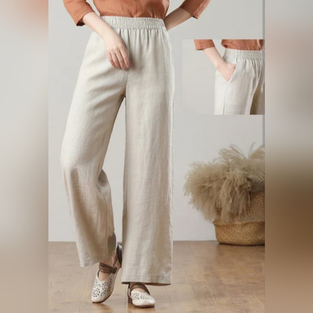 Serra Women's Linen/Viscose Pull On Beige Wide-Leg Pants Large NEW